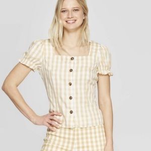Gingham Puff Sleeve Square Neck Button Front Top